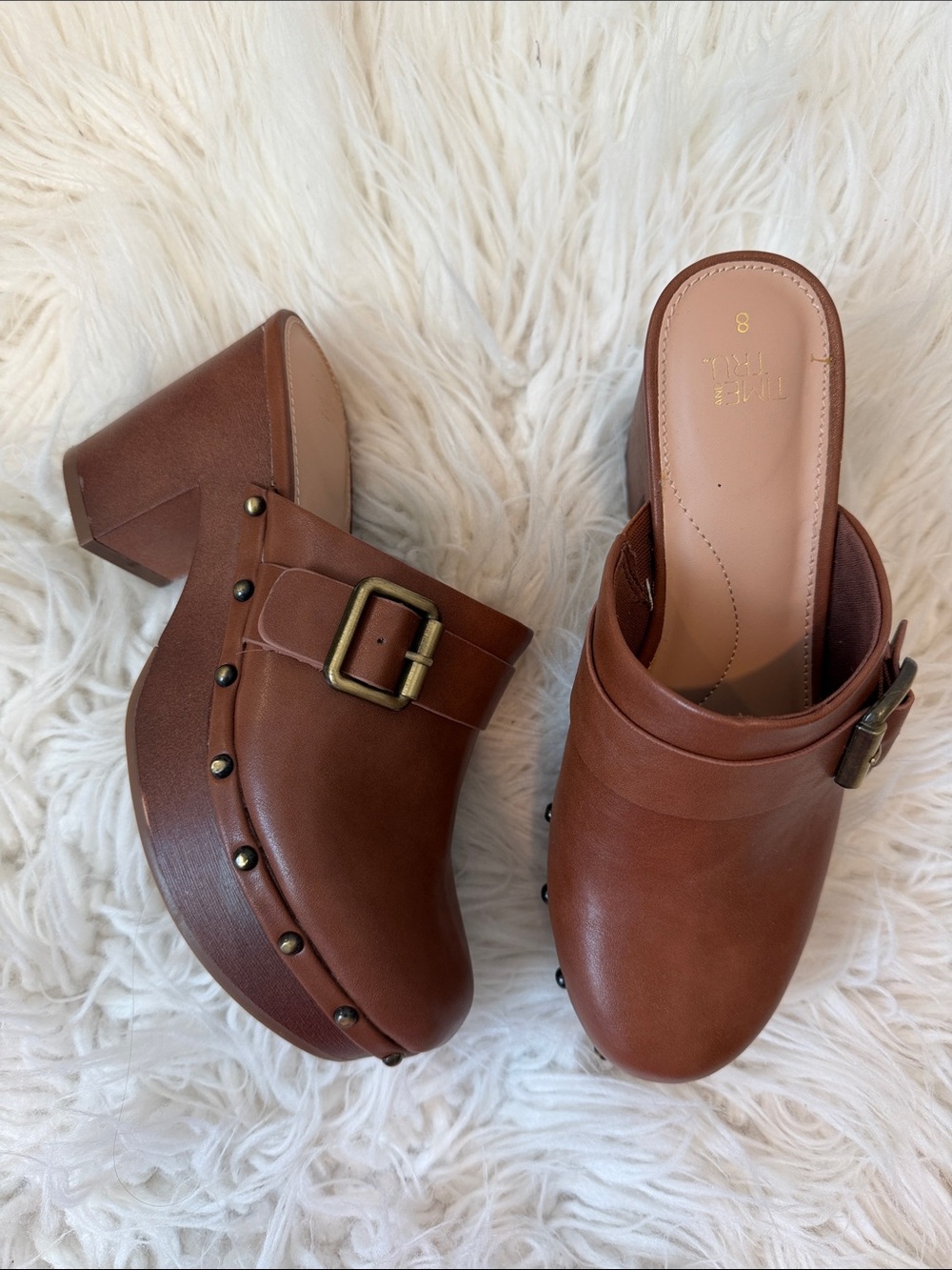 Time and Tru Tan Brown Leather Clog Mules with Buckle